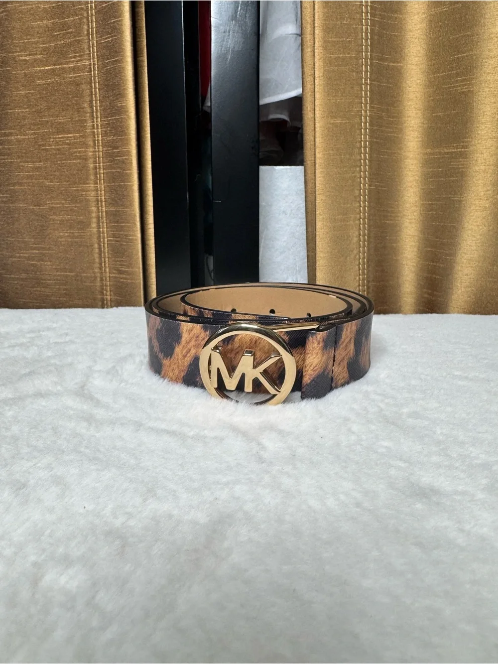 Michael Kors Leopard Print MK Logo Belt Gold Buckle Size Small